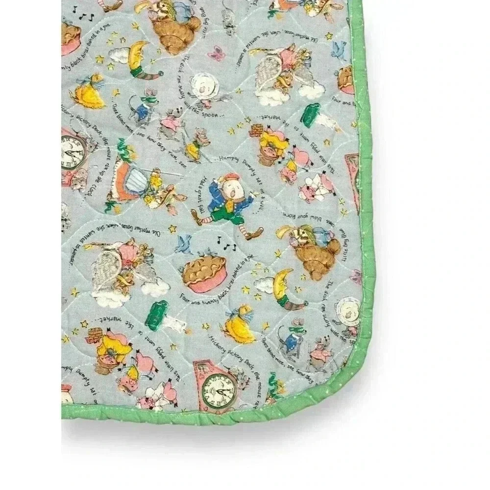 Vintage Mother Goose Nursery‎ Rhyme Baby Blanket Green OS Excellent Quilted - Picture 7 of 11